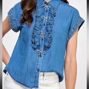 Denim Ruffle Short Sleeve Top Rhinestone Bows